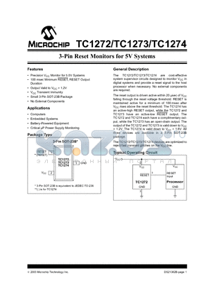 TC1272 datasheet - 3-Pin Reset Monitors for 5V Systems