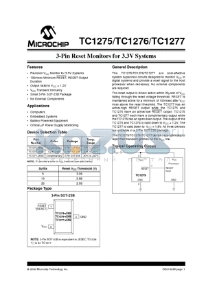 TC1277 datasheet - 3-Pin Reset Monitors for 3.3V Systems