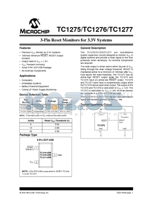 TC1276 datasheet - 3-Pin Reset Monitors for 3.3V Systems