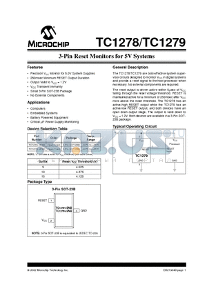 TC1278 datasheet - 3-Pin Reset Monitors for 5V Systems