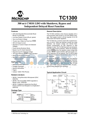 TC1300 datasheet - 300 mA CMOS LDO with Shutdown, Bypass and Independent Delayed Reset Function