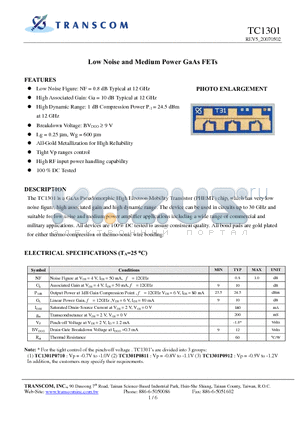 TC1301 datasheet - Low Noise and Medium Power GaAs FETs