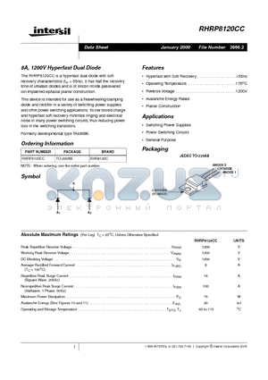 RHRP8120CC datasheet - 8A, 1200V Hyperfast Dual Diode