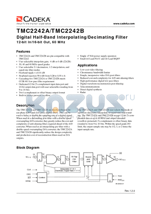TMC2242BKTC datasheet - Digital Half-Band Interpolating/Decimating Filter 12-bit In/16-bit Out, 60 MHz