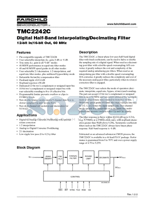 TMC2242C datasheet - Digital Half-Band Interpolating/Decimating Filter 12-bit In/16-bit Out, 60 MHz