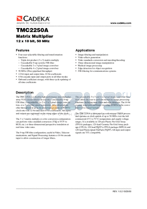 TMC2250A datasheet - Matrix Multiplier 12 x 10 bit, 50 MHz