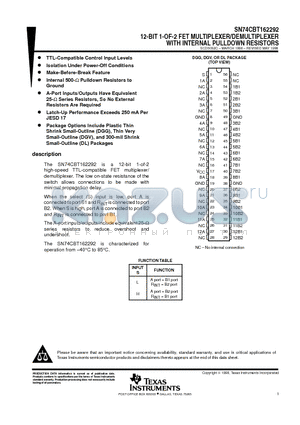 SN74CBT162292 datasheet - 12-BIT 1-OF-2 FET MULTIPLEXER/DEMULTIPLEXER WITH INTERNAL PULLDOWN RESISTORS