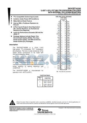 SN74CBT162292DGV datasheet - 12-BIT 1-OF-2 FET MULTIPLEXER/DEMULTIPLEXER WITH INTERNAL PULLDOWN RESISTORS