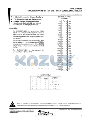 SN74CBT16232DGG datasheet - SYNCHRONOUS 16-BIT 1-OF-2 FET MULTIPLEXER/DEMULTIPLEXER