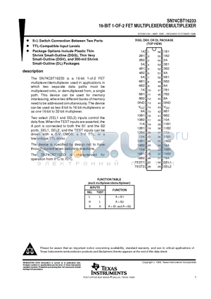 SN74CBT16233 datasheet - 16-BIT 1-OF-2 FET MULTIPLEXER/DEMULTIPLEXER