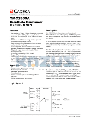 TMC2330A datasheet - Coordinate Transformer 16 x 16 Bit, 40 MOPS
