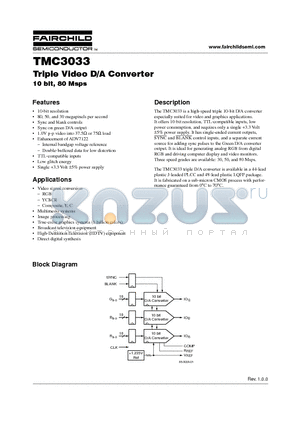 TMC3033KRC50 datasheet - Triple Video D/A Converter 10 bit, 80 Msps