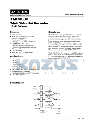 TMC3033R2C30 datasheet - Triple Video D/A Converter 10 bit, 80 Msps