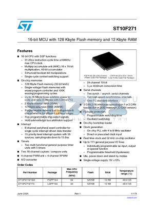 ST10F271 datasheet - 16-bit MCU with 128 Kbyte Flash memory and 12 Kbyte RAM