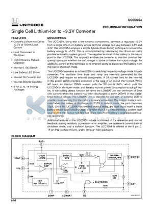 UCC3954 datasheet - Single Cell Lithium-Ion to 3.3V Converter