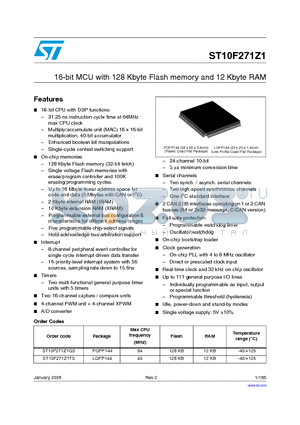 ST10F271Z1 datasheet - 16-bit MCU with 128 Kbyte Flash memory and 12 Kbyte RAM