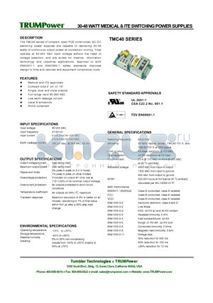 TMC40 datasheet - 30-48 WATT MEDICAL & ITE SWITCHING POWER SUPPLIES