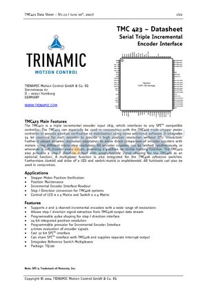 TMC423 datasheet - Serial Triple Incremental Encoder Interface