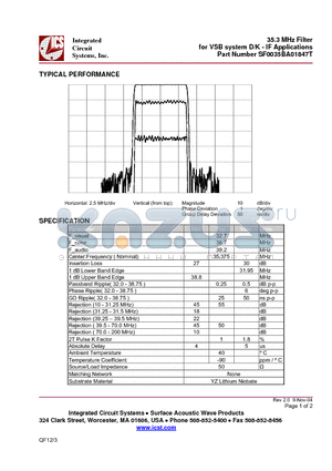 SF0035BA01847T datasheet - 35.3 MHz Filter for VSB system D/K - IF ApplicationsFilter