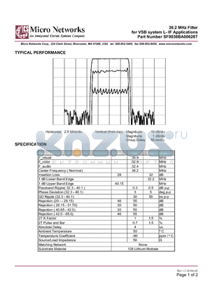 SF0036BA00628T datasheet - 36.2 MHz Filter for VSB system L- IF Applications