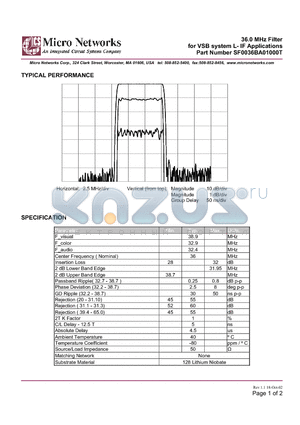 SF0036BA01000T datasheet - 36.0 MHz Filter for VSB system L- IF Applications