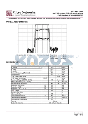 SF0036BA01072T datasheet - 36.3 MHz Filter for VSB system B/G - IF Applications