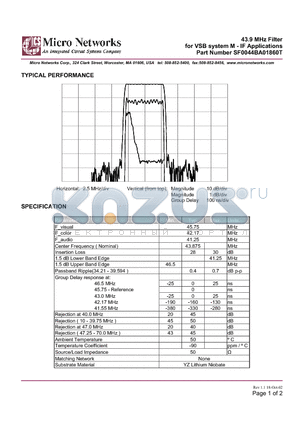 SF0044BA01860T datasheet - 43.9 MHz Filter for VSB system M - IF Applications