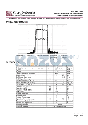 SF0044BA01382T datasheet - 43.7 MHz Filter for VSB system M - IF Applications