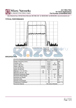 SF0044BA01954T datasheet - 44.1 MHz Filter for CATV Applications