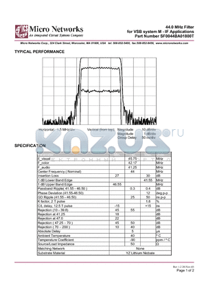SF0044BA01800T datasheet - 44.0 MHz Filter for VSB system M - IF Applications