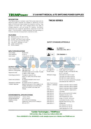 TMC60-D25 datasheet - 37.5-64 WATT MED ICAL & ITE SWITCHING POWER SUPPLIES