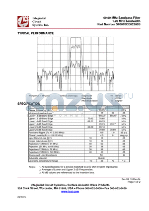 SF0070CD02386S datasheet - 69.99 MHz Bandpass Filter 1.26 MHz bandwidth