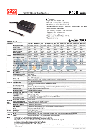 PSU40B-1 datasheet - 15~40WAC-DC Single Output Desktop