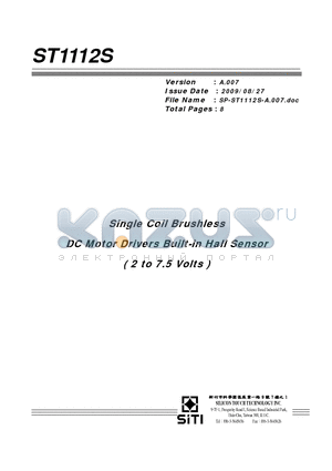 ST1112S datasheet - Single Coil Brushless DC Motor Drivers Built-in Hall Sensor ( 2 to 7.5 Volts )