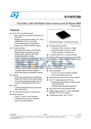 ST10F272M-4T3 datasheet - 16-bit MCU with 256 Kbyte Flash memory and 20 Kbyte RAM