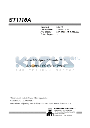 ST1116A datasheet - Variable Speed Double Coil Brushless DC Motor Driver