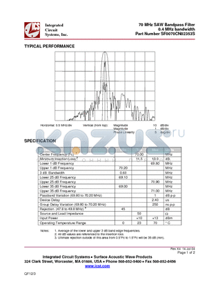 SF0070CN02353S datasheet - 70 MHz SAW Bandpass Filter 0.4 MHz bandwidth