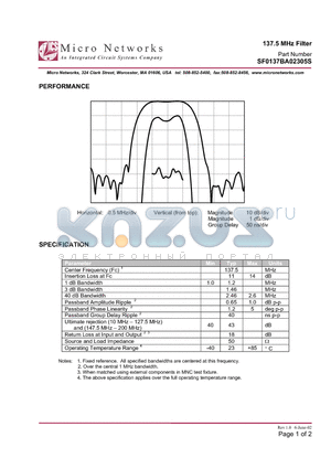 SF0137BA02305S datasheet - 137.5 MHz Filter