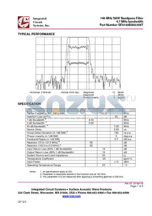 SF0140BA02359T datasheet - 140 MHz SAW Bandpass Filter 4.7 MHz bandwidth