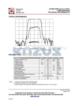 SF0140BA03071S datasheet - 140 MHz SAW Low-Loss Filter 12 MHz Bandwidth