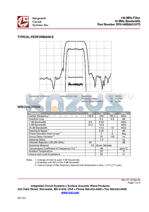 SF0140BA03107S datasheet - 140 MHz Filter 10 MHz Bandwidth