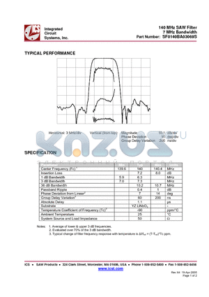 SF0140BA03069S datasheet - 140 MHz SAW Filter 7 MHz Bandwidth