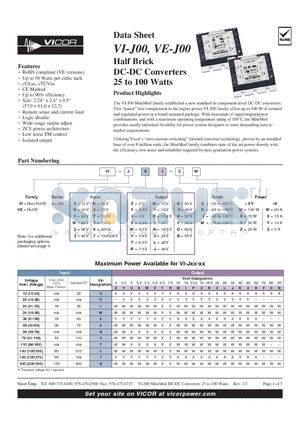 VI-J00 datasheet - Half Brick DC-DC Converters 25 to 100 Watts