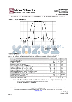 SF0141CD03092S datasheet - 141 MHz Filter 1.25 MHz Bandwidth