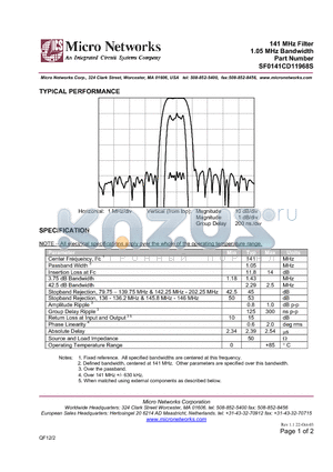SF0141CD11968S datasheet - 141 MHz Filter 1.05 MHz Bandwidth