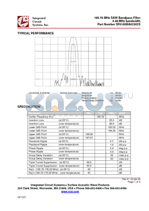 SF0185BA02302S datasheet - 185.76 MHz SAW Bandpass Filter 4.48 MHz bandwidth