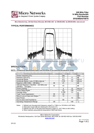 SF0240BA01987S datasheet - 240 MHz Filter 14 MHz Bandwidth