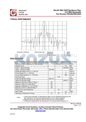 SF0266CN02358S datasheet - 266.667 MHz SAW Bandpass Filter 0.27 MHz bandwidth