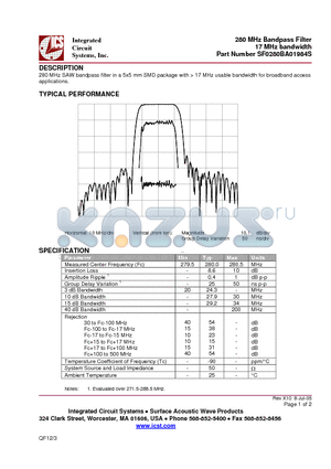 SF0280BA01984S datasheet - 280 MHz Bandpass Filter 17 MHz bandwidth