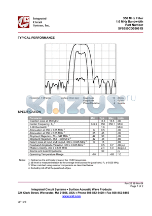 SF0350CD03091S datasheet - 350 MHz Filter 1.6 MHz Bandwidth